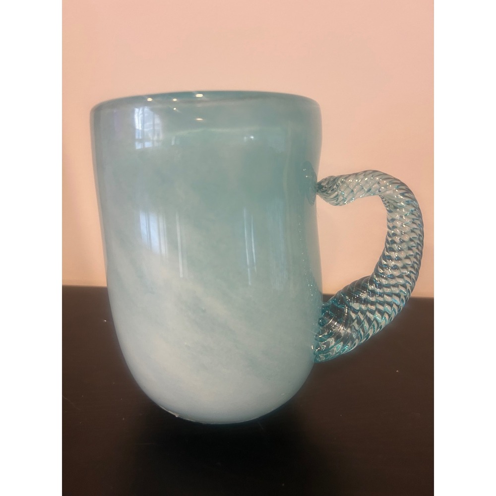 Hand‎ Blown Glass Mug Aqua Swirl Pattern Twisted Handle